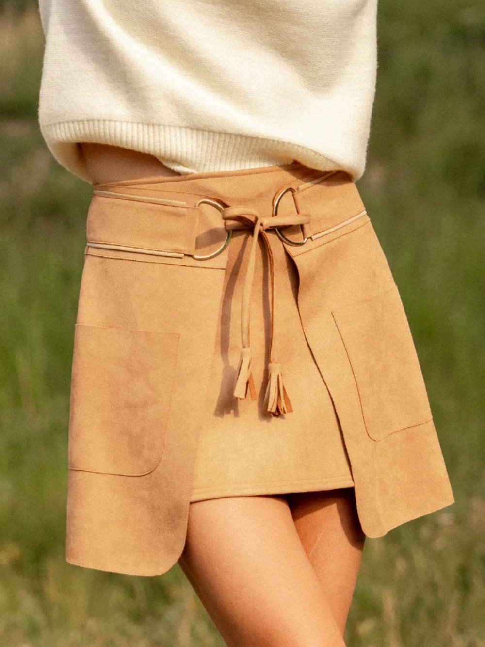 Pink Lily Suede Wrap Skirt in Camel Tan